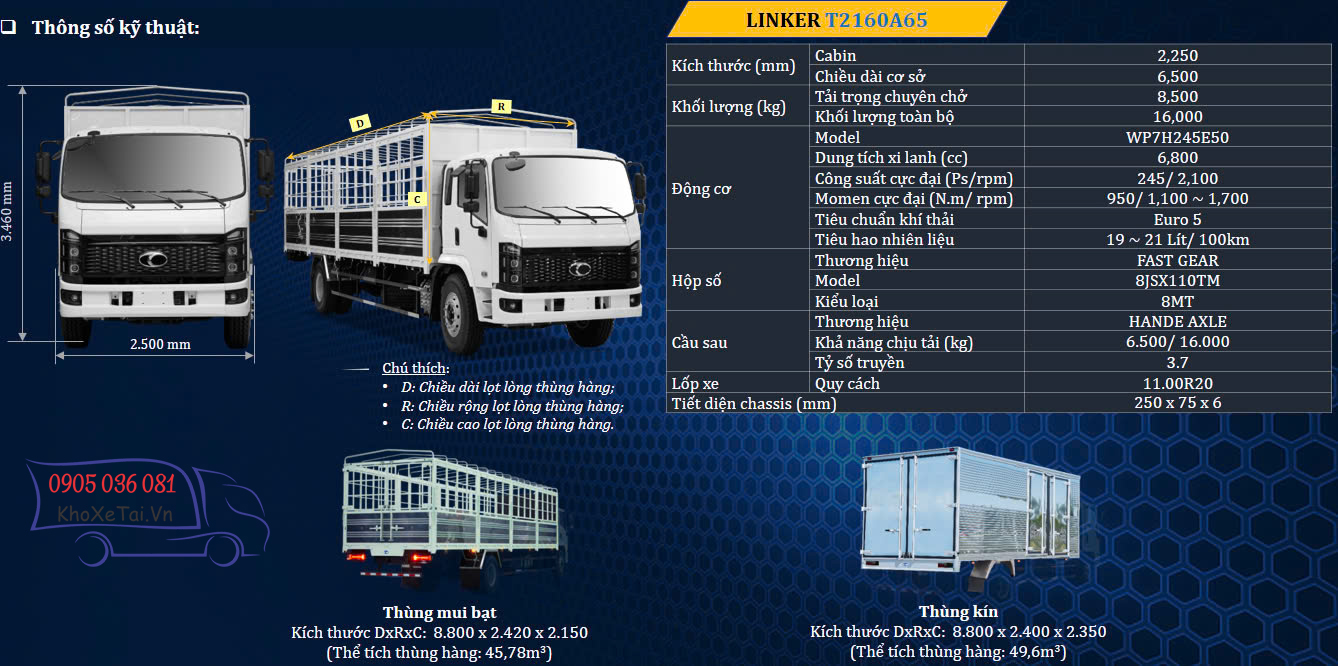 T2160A65 tải 8,5 tấn thùng 8,8 mét